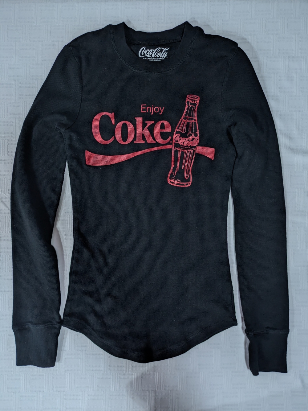 Coca Cola Thermal Shirt Womens M Junior Long Sleeve Enjoy Coke Black Waffle Knit